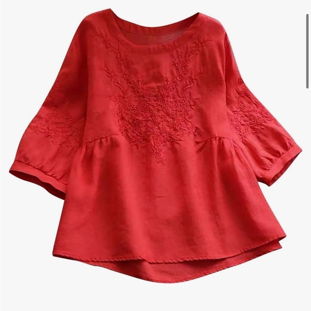 ❤️3 for $15!❤️ Women's Cotton Linen 3/4 Sleeve Round Neck Embroidery - Picture 5 of 6